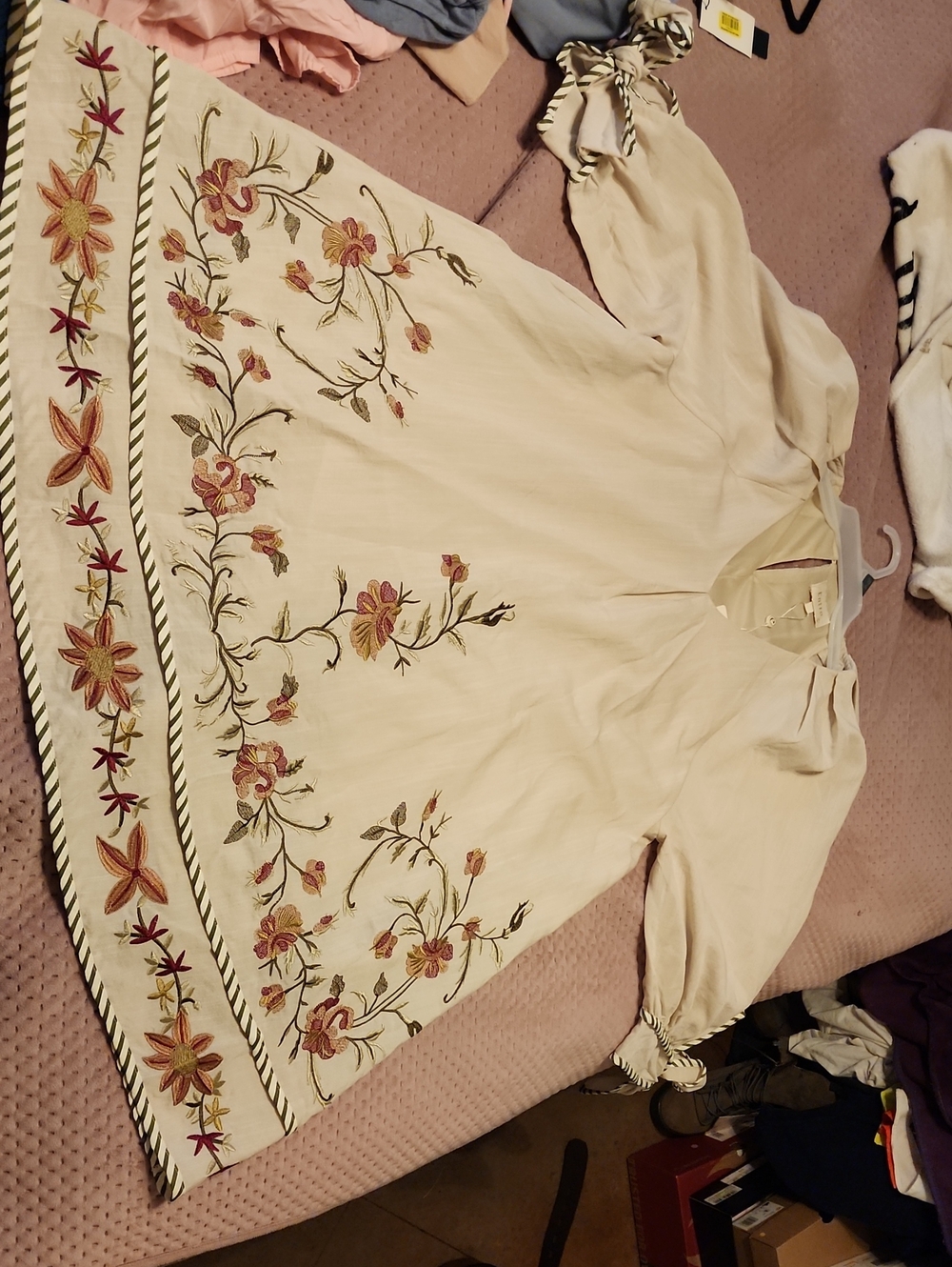 entro Cream Embroidered V-Neck Tunic with Floral Trim